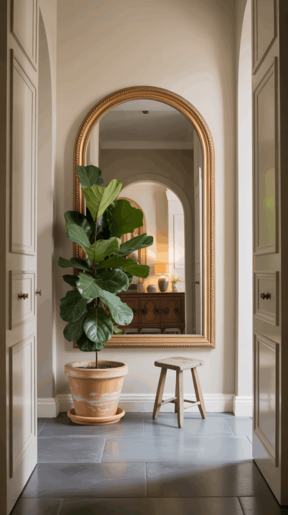 A spacious entryway featuring a large arched mirror with a gold frame, a potted plant, and a small stool