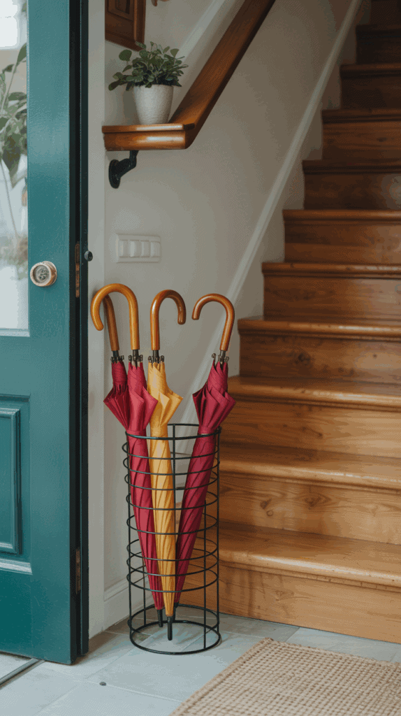 A stylish umbrella stand holding red and yellow umbrellas in a cozy entryway.