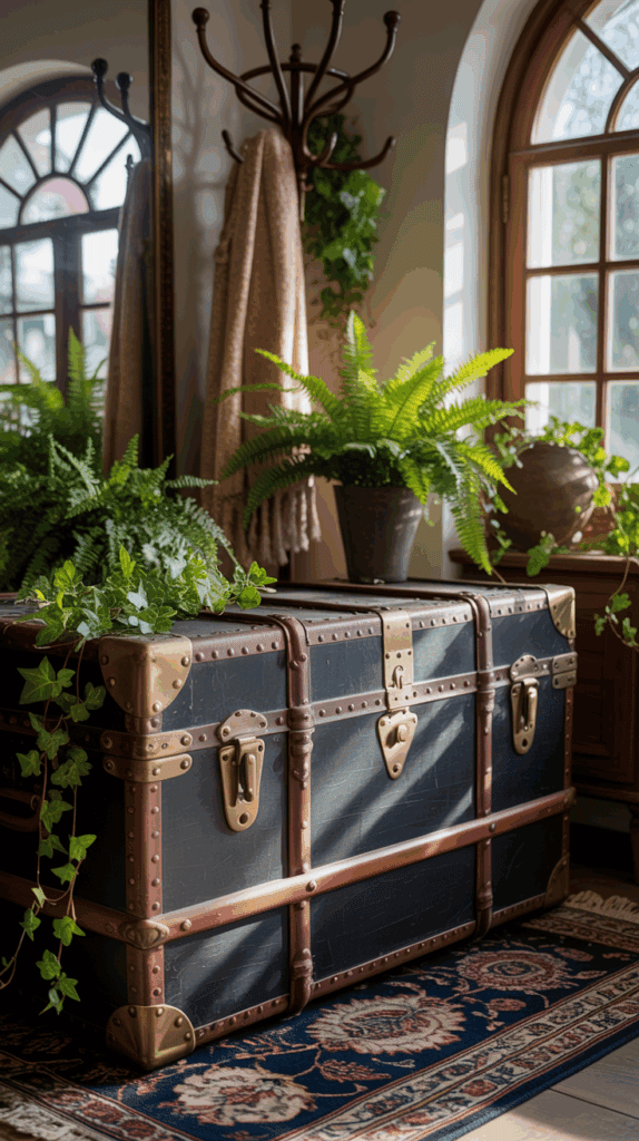 A vintage trunk in an entryway, surrounded by decor and plants
