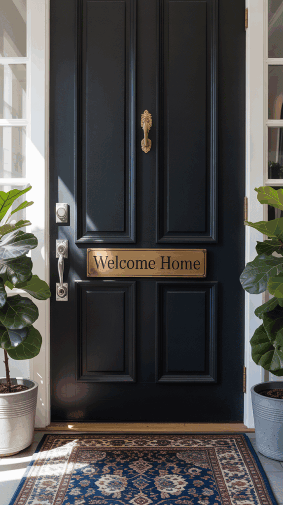 A stylish entryway featuring a black door with welcoming signage, decorative rugs, and plants