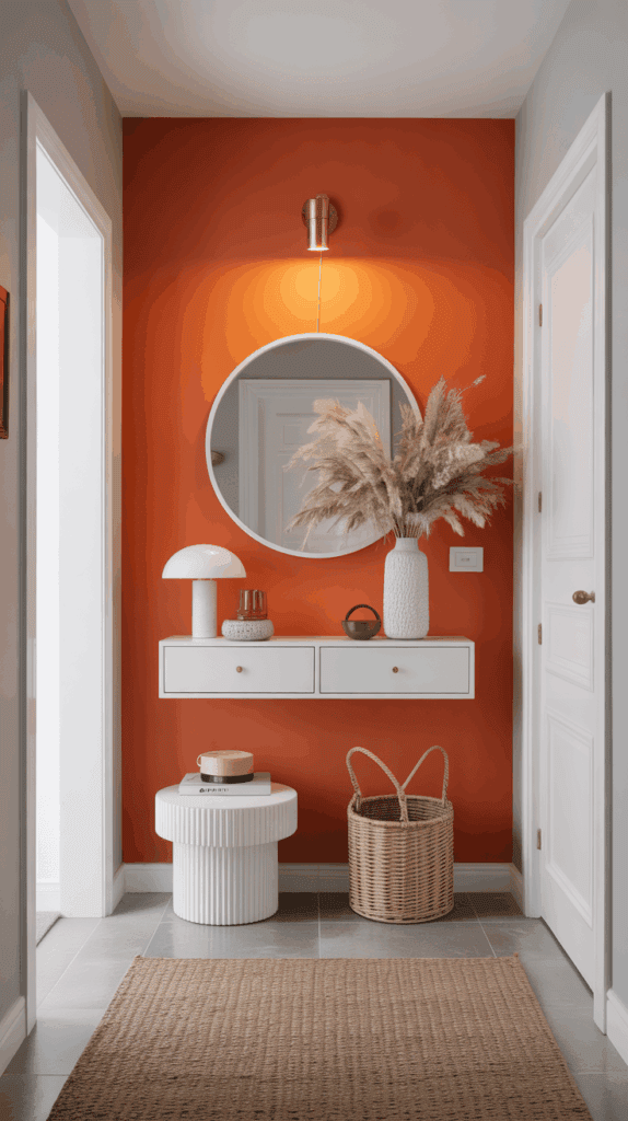 Bright orange accent wall in a modern entryway with white decor