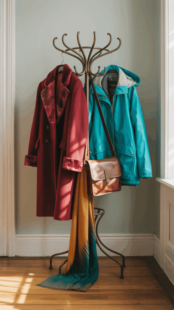 Colorful coat hooks with various jackets and bags hanging on them