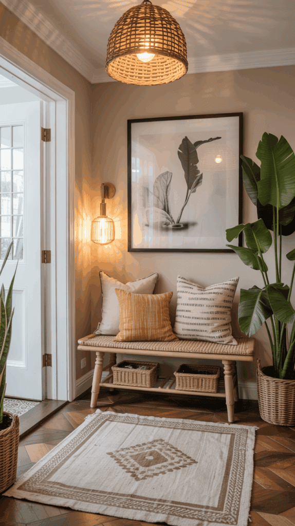 A warm and welcoming entryway with layered textiles including pillows and rugs