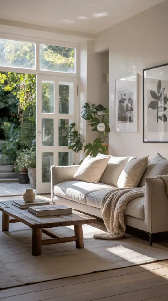 A Scandinavian living room with large glass doors leading to a garden, featuring a gray sofa, wooden coffee table, and cozy decor.