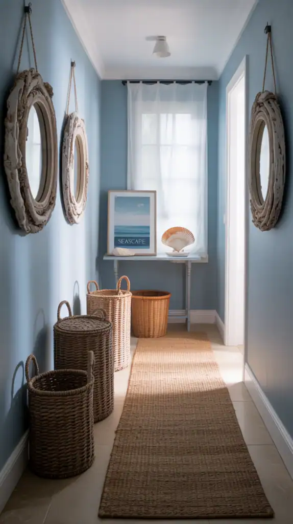A bright coastal hallway with blue walls, woven baskets, and beach-themed decor.