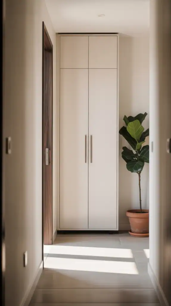A minimalistic hallway with white walls, a sleek white cabinet, a green plant, and a wooden door.