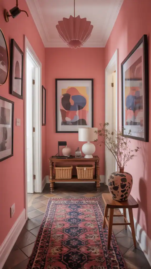 A vibrant hallway with pink walls, a patterned rug, framed artwork, and eclectic decor.