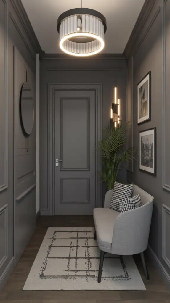 A contemporary chic hallway featuring gray walls, modern lighting, and stylish seating.