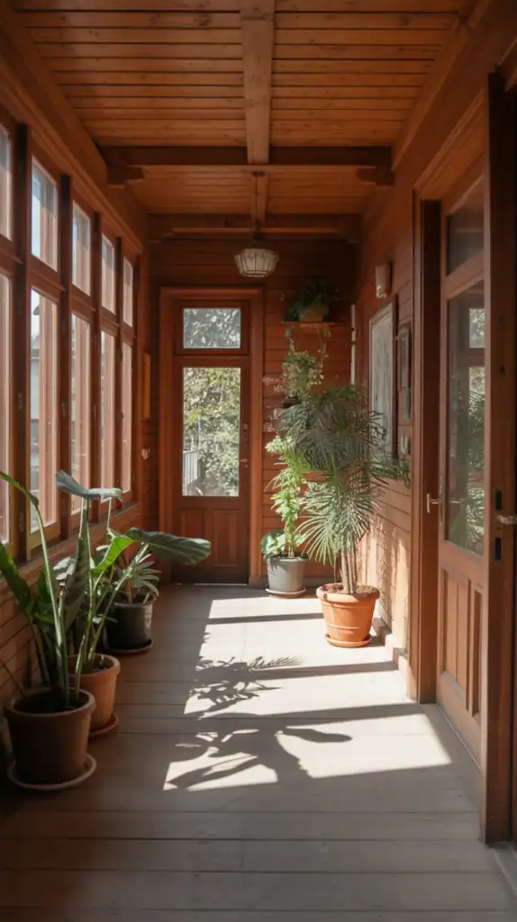 A hallway with wooden walls and potted plants, featuring large windows that let in natural light.