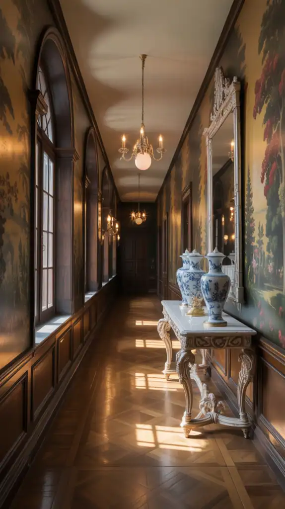 A classic hallway featuring wooden accents, intricate wallpaper, and vintage lighting.