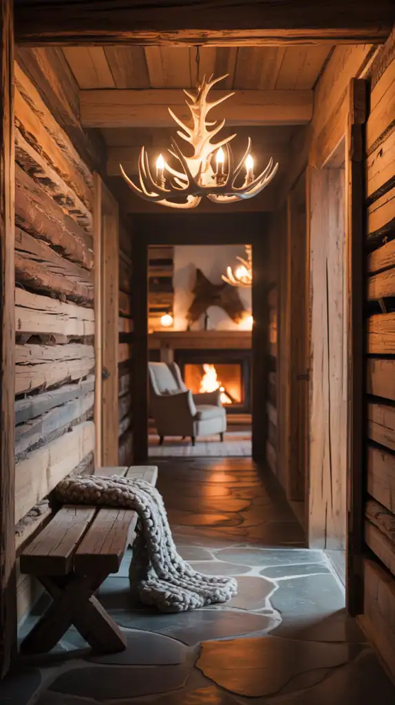 A rustic lodge hallway with wooden logs, warm lighting, and antlers.
