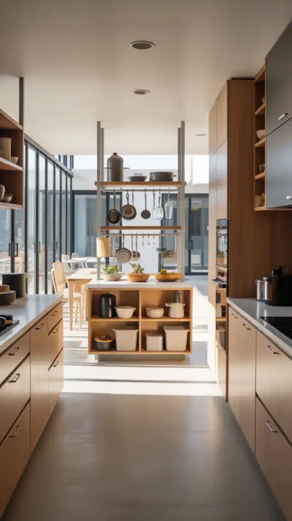 A modern, well-lit open kitchen layout with smart storage solutions. In the foreground, sleek, minimalist cabinets and drawers in a light wood finish provide ample space for stowing away kitchen essentials. The middle ground showcases a central island with integrated shelving and hooks for hanging pots, pans, and utensils, optimizing the available vertical space. In the background, floor-to-ceiling glass windows let in abundant natural light, creating a bright and airy atmosphere. The overall aesthetic is clean, organized, and tailored to the needs of an open concept kitchen, enabling a seamless flow between cooking, dining, and living areas. A modern, well-lit open kitchen layout with smart storage solutions. In the foreground, sleek, minimalist cabinets and drawers in a light wood finish provide ample space for stowing away kitchen essentials. The middle ground showcases a central island with integrated shelving and hooks for hanging pots, pans, and utensils, optimizing the available vertical space. In the background, floor-to-ceiling glass windows let in abundant natural light, creating a bright and airy atmosphere. The overall aesthetic is clean, organized, and tailored to the needs of an open concept kitchen, enabling a seamless flow between cooking, dining, and living areas.