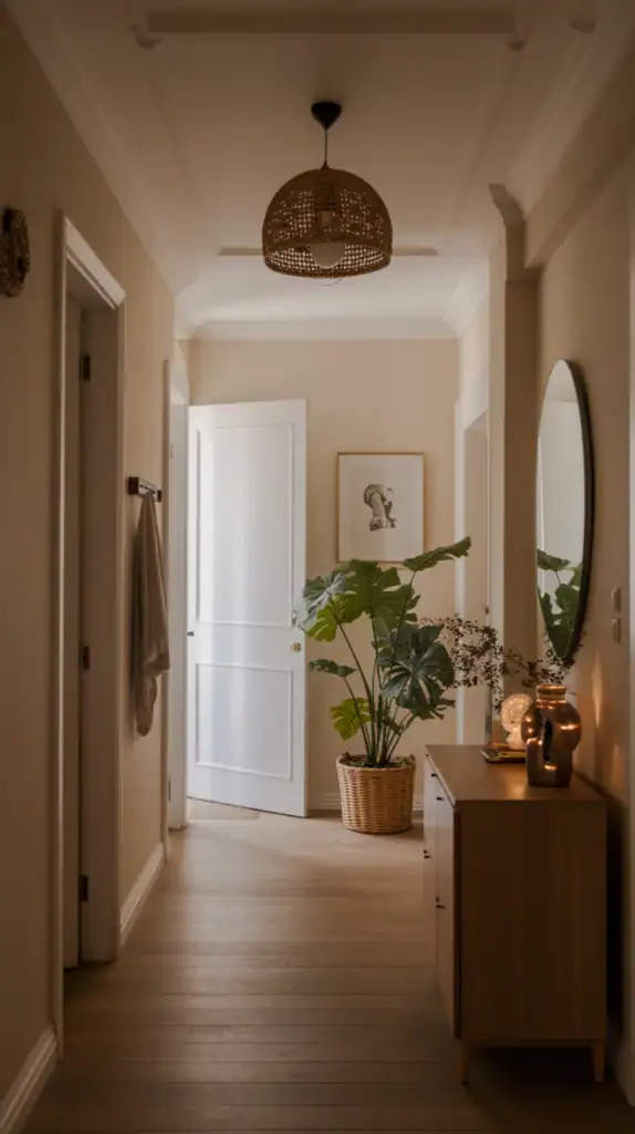 A serene hallway with soft lighting, potted plants, and minimalist decor.
