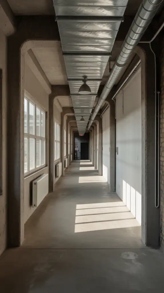 A long, industrial hallway with concrete walls, exposed ductwork, and minimal decor.