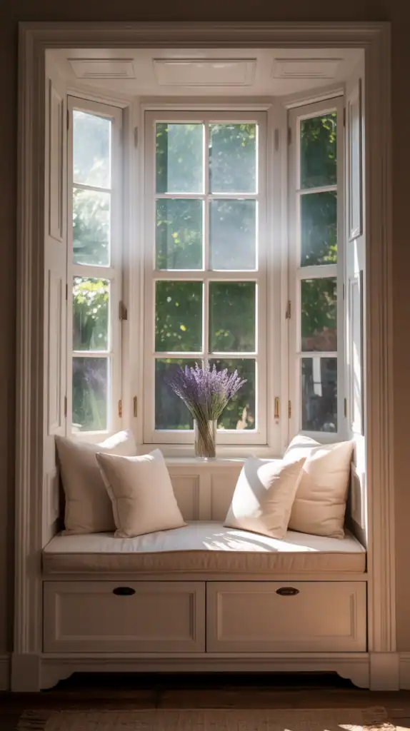 A bay window with a white wooden bench seat, plush cushions, and hidden drawers underneath.
