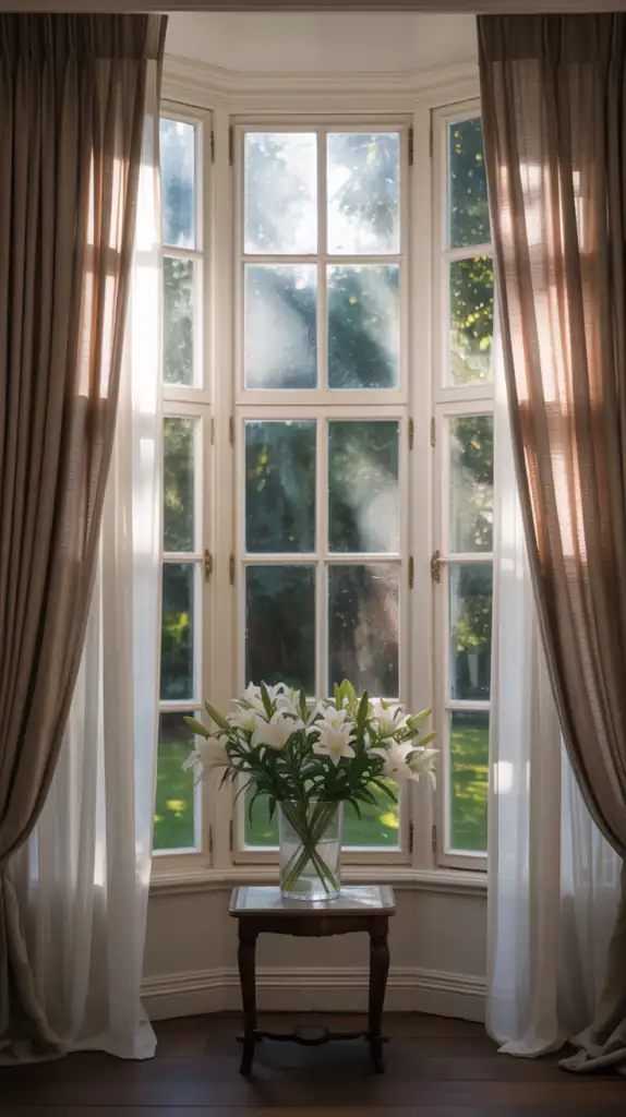 A bay window dressed with floor-to-ceiling sheer white curtains and linen drapes in a soft neutral.