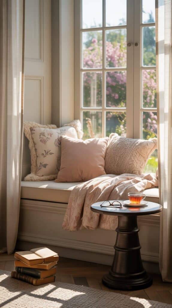 A cushioned window seat with throw pillows, a side table, and a stack of books nearby.