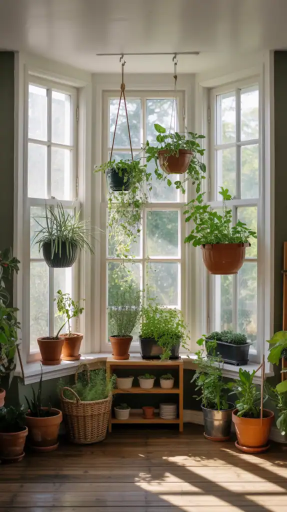 A bay window filled with hanging plants, potted herbs, and sunlight pouring in.