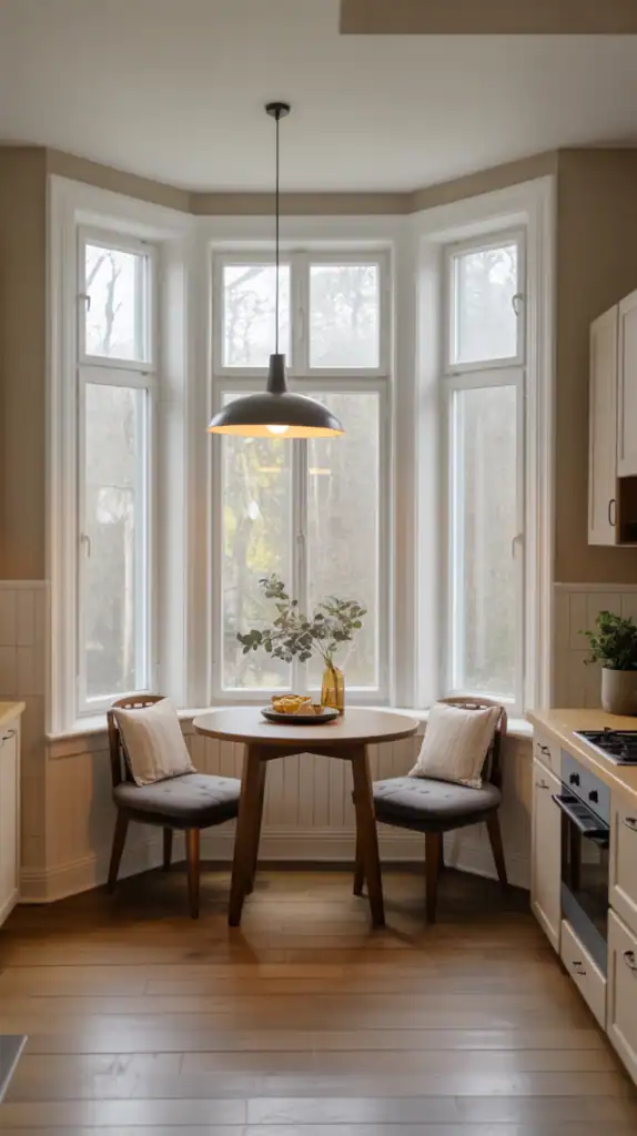A round table tucked into a kitchen bay window with two cozy chairs and pendant lighting.