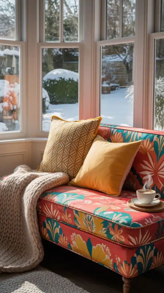 A colorful upholstered bench in a bay window, paired with patterned cushions and a textured throw.