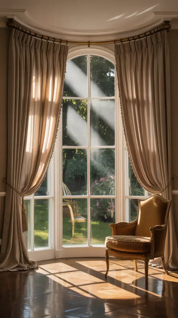 Brass curtain rods arching around a bay window with elegant pleated drapes.