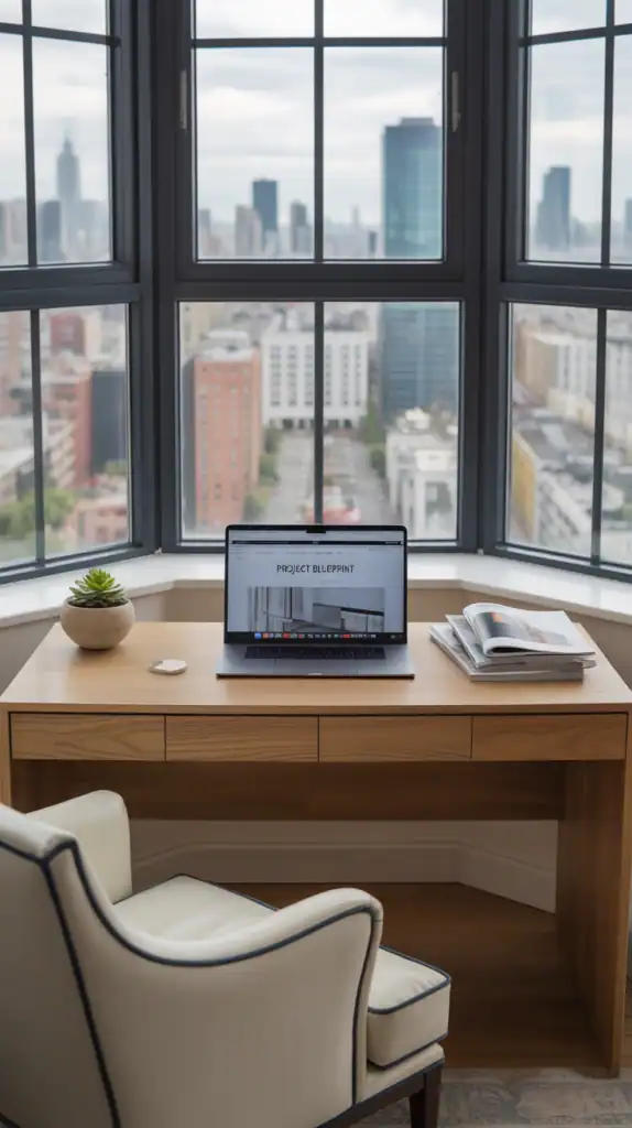 A modern desk placed directly in front of a bay window with a laptop, greenery, and cozy chair.