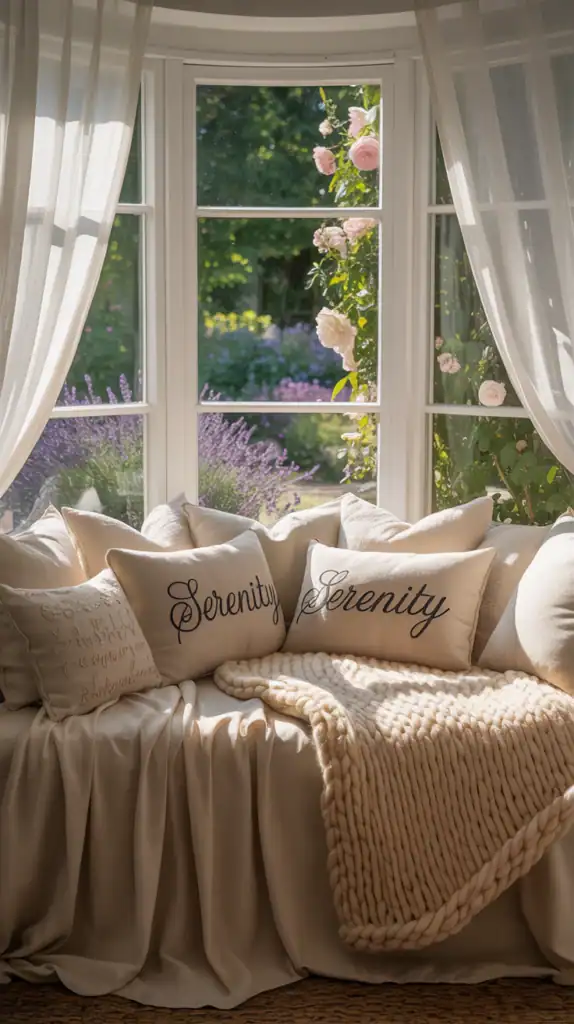 A soft daybed set into a bay with layered bedding, gauzy curtains, and a view outside.