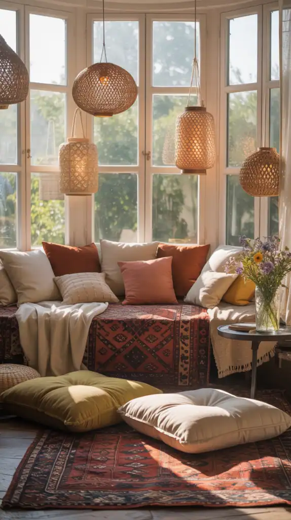 A boho-style setup with oversized floor cushions, layered rugs, and hanging lanterns in a bay window.