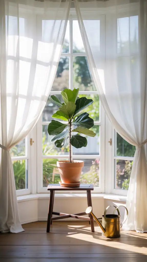A clean, airy bay window with crisp sheer panels and a simple plant stand.