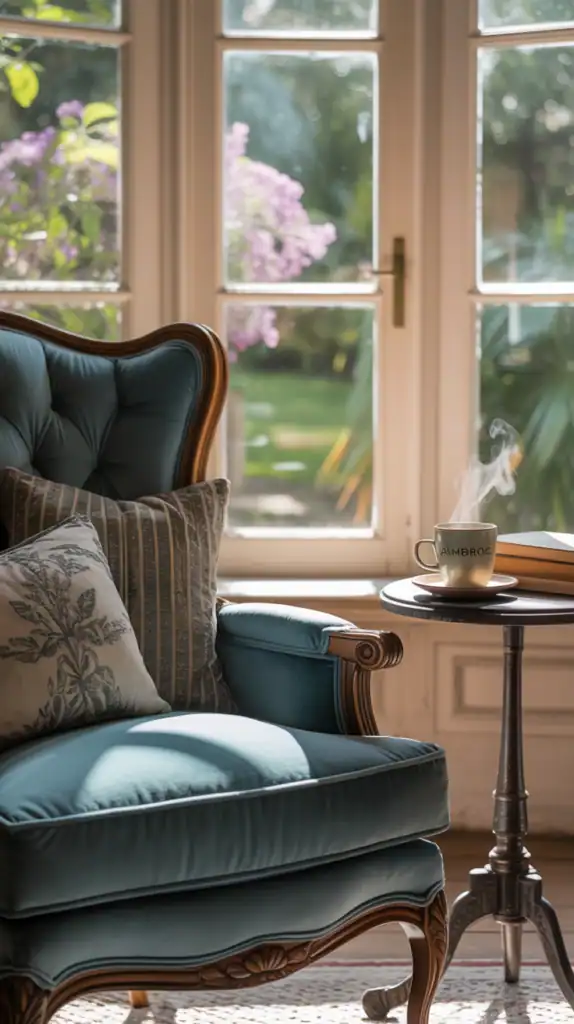 A single accent chair placed in the bay window with a side table and coffee cup.