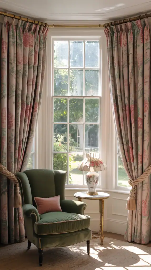 Patterned floral curtains tied back over a classic bay window with antique furniture nearby.