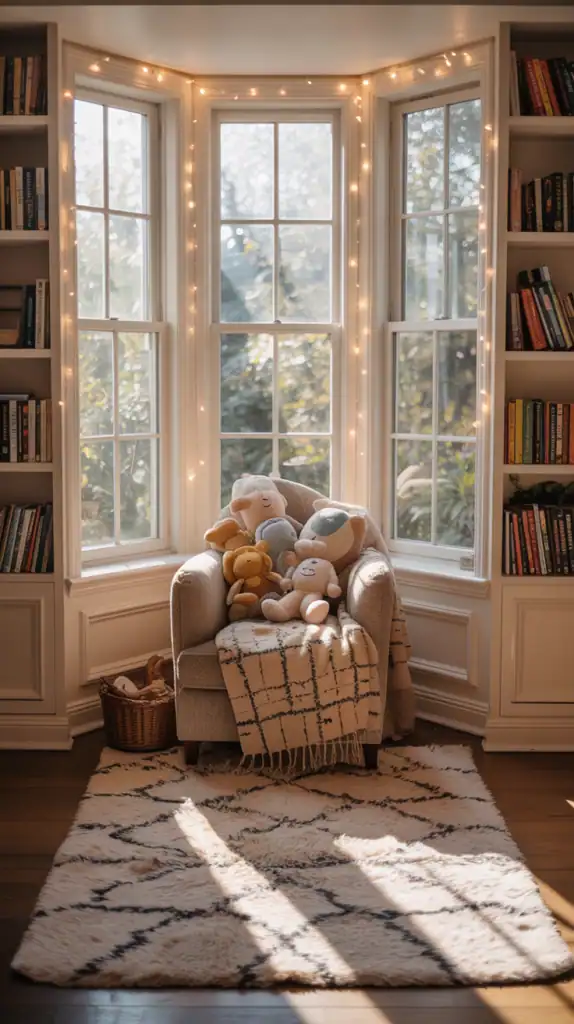 A bay window nook with soft rugs, bookshelves, plush toys, and fairy lights.