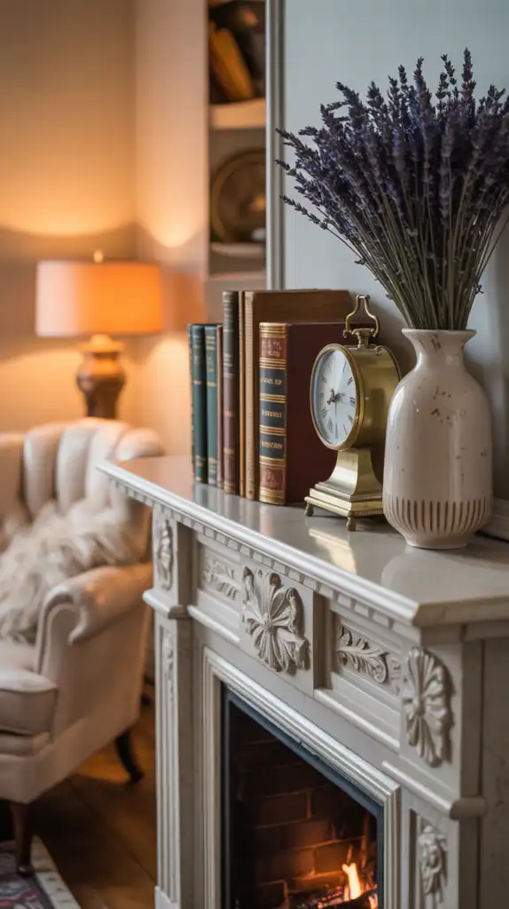 A styled fireplace mantel featuring layered decor elements like framed art, candles, and greenery, creating a cozy, inviting focal point in the living room.