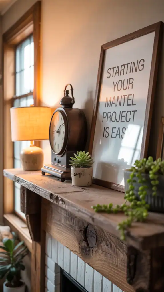 Simple DIY mantel decor with budget-friendly items like framed photos, small vases, and candles arranged neatly on a compact fireplace mantel.
