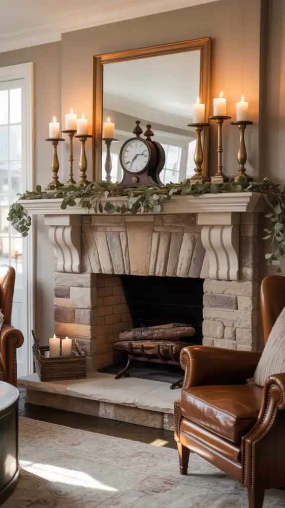 A fireplace mantel styled to match the room’s decor, with coordinated colors, textures, and accessories that reflect a cohesive modern or eclectic theme.