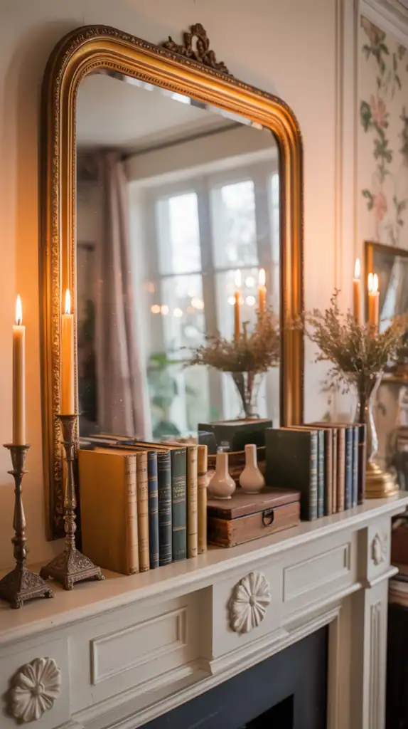 A layered DIY fireplace mantel display featuring a large round mirror as the backdrop, with staggered decorative items like books, candles, and small vases arranged in groups of three to create depth and visual interest.