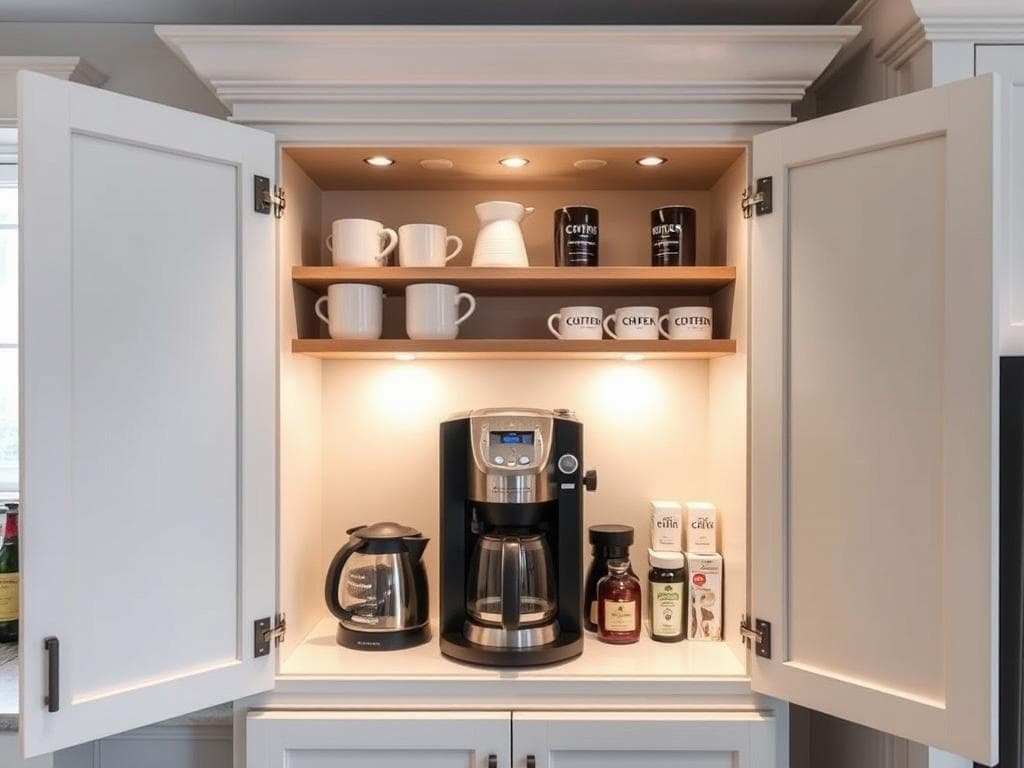 Kitchen cabinet converted into a dedicated coffee station with coffee maker and organized supplies