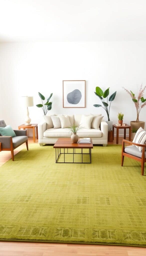 Living room with a large moss green rug