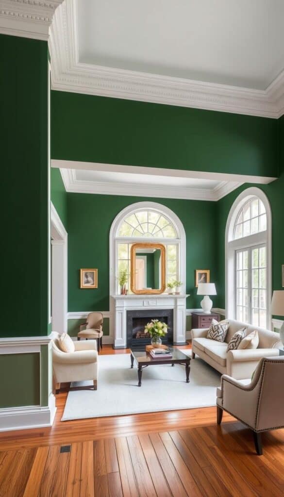 Living room with crown molding and deep green paint