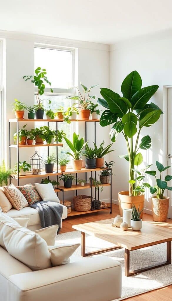 Living room with plant shelf and fiddle leaf fig