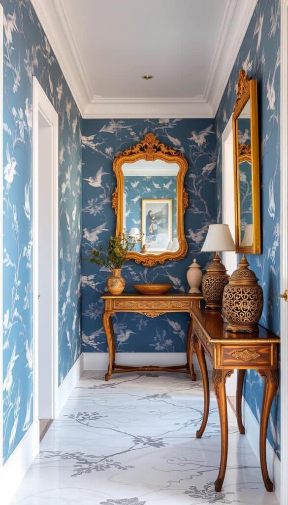 Luxurious hallway with blue chinoiserie wallpaper and antique gold accents