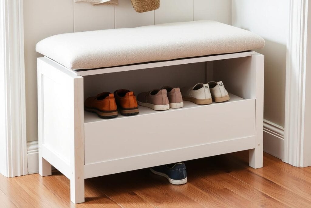 Minimalist shoe storage bench with cushion in a Scandinavian hallway