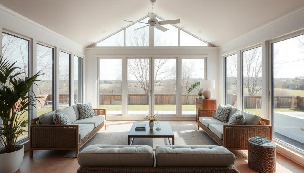 Minimalist sunroom with carefully selected furniture and ample negative space