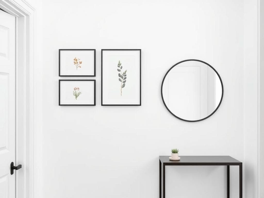 Minimalist wall decor with framed botanical prints and a round mirror in a Scandinavian hallway