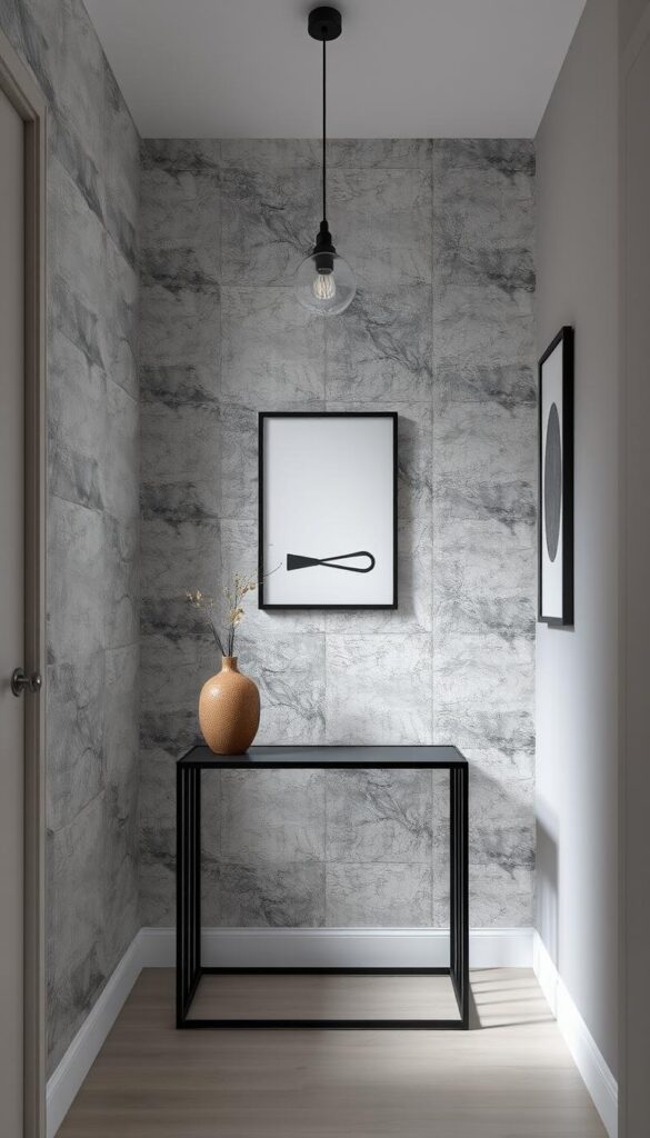 Modern hallway with concrete effect wallpaper and minimalist black accents
