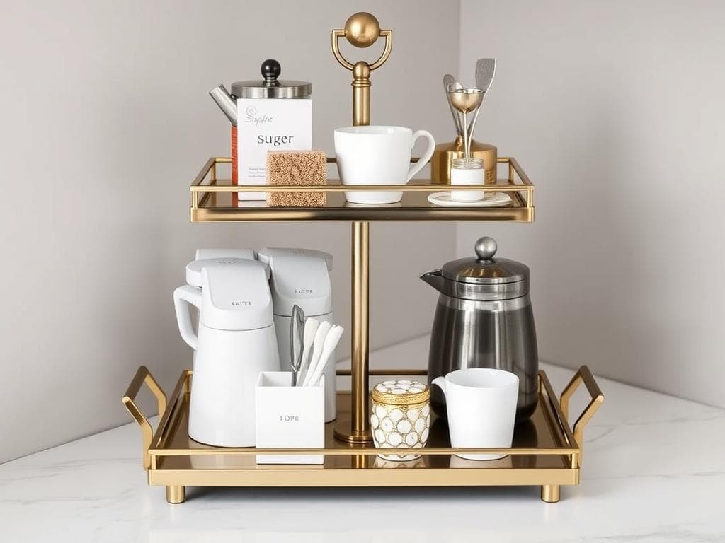 Multi-tiered tray organized as a compact coffee station with small coffee accessories