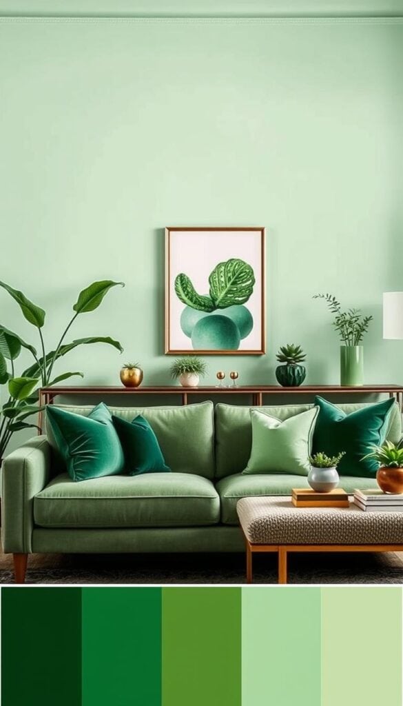 Multiple green shades across pillows, wall, and decor