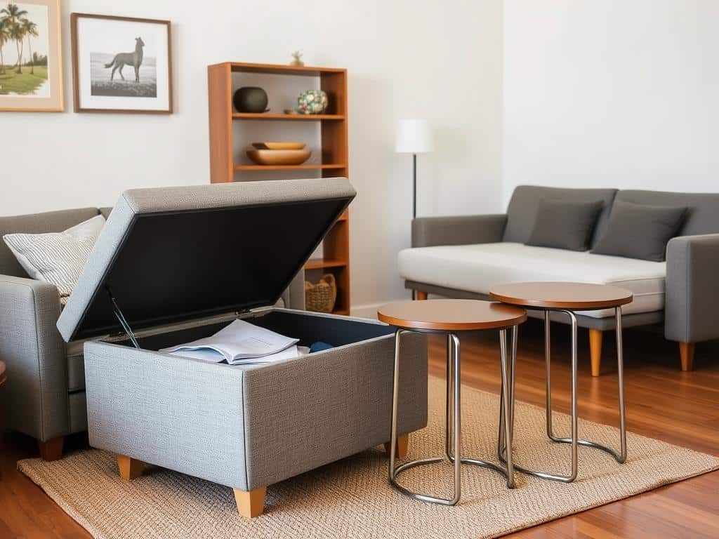 Multipurpose furniture in a cozy small space showing storage ottoman and nesting tables