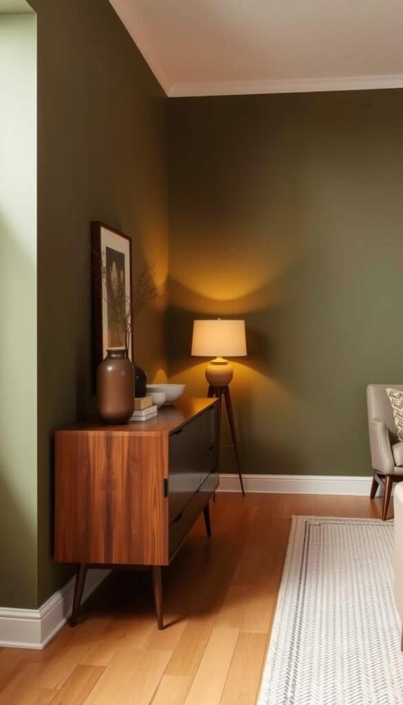 Olive green wall with wooden sideboard and ambient lighting