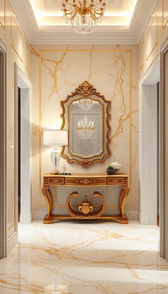 Opulent hallway with marble effect wallpaper in cream and gold tones